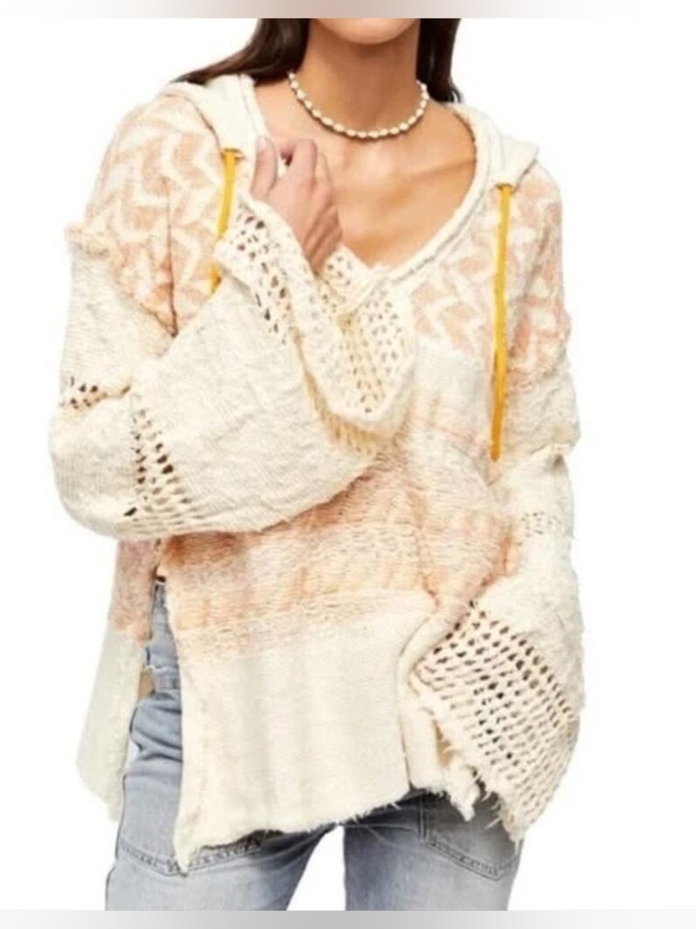 Free People Women's Coastline Hoodie Sweatshirt in Creme Peach Combo S NWT